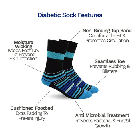 3-Pack Diabetic Socks - Blue Stripe, Black Stripe, Marble Grey